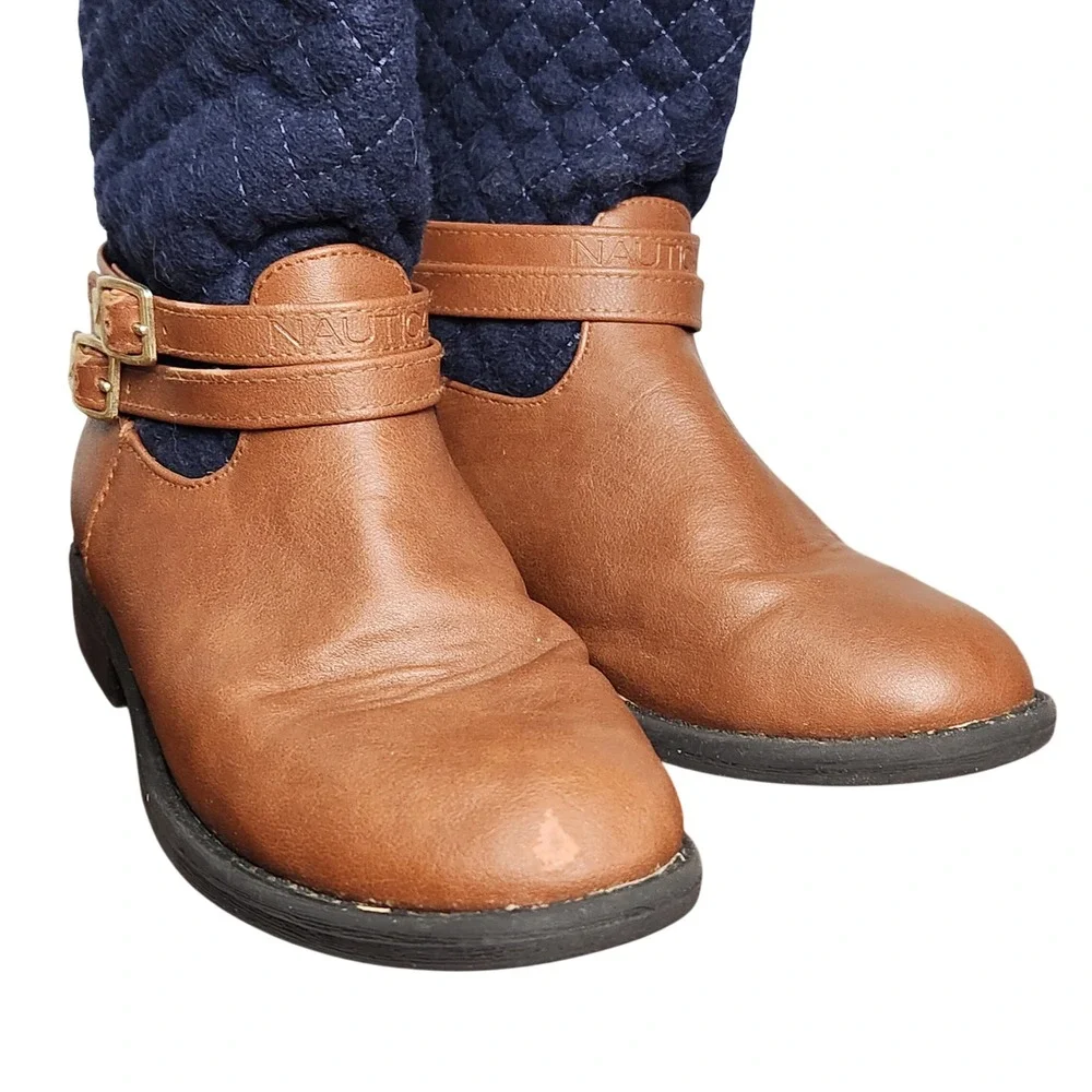 Nautica girls tall boot quilted navy &‎ brown Size 1